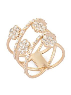 Floral Band 14K (or 18k upon request) Yellow Gold Multi Row Diamond Flower Ring